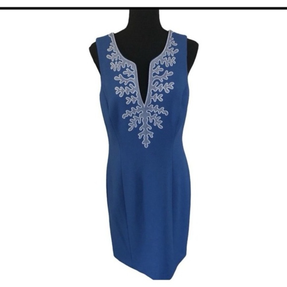 Pappagallo Blue Dress White Embroidered V-Neck Sleeveless Cocktail